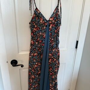 Floral V-Neck Maxi Dress with Blue Center Panel